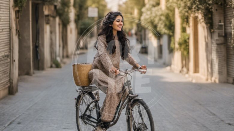 زن ایرانی دوچرخه سوار در کوچه های قدیمی